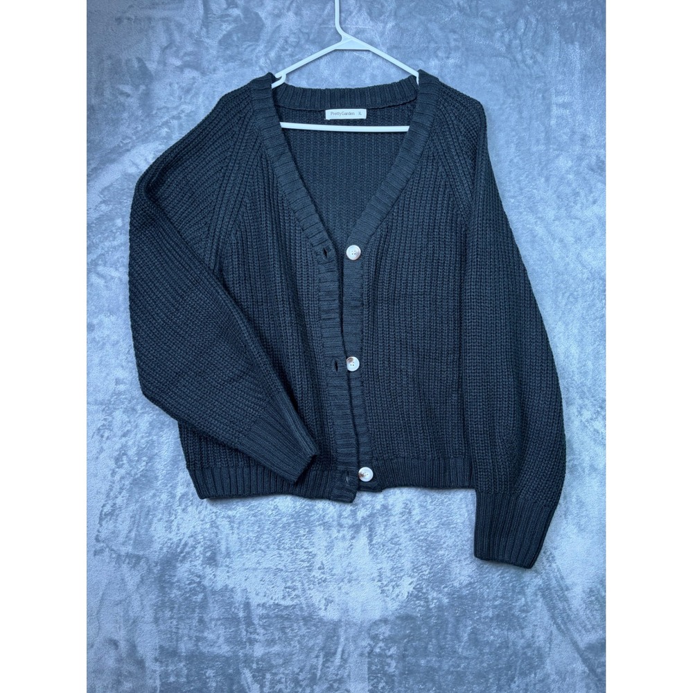 PrettyGarden Black Chunky Ribbed Knit Cardigan V-Neck Button Front XL